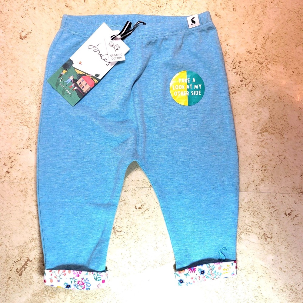 Joules Grove Ocean Blue Pant Floral Print Cuff Sheep Pocket Organic 6-9 month‎